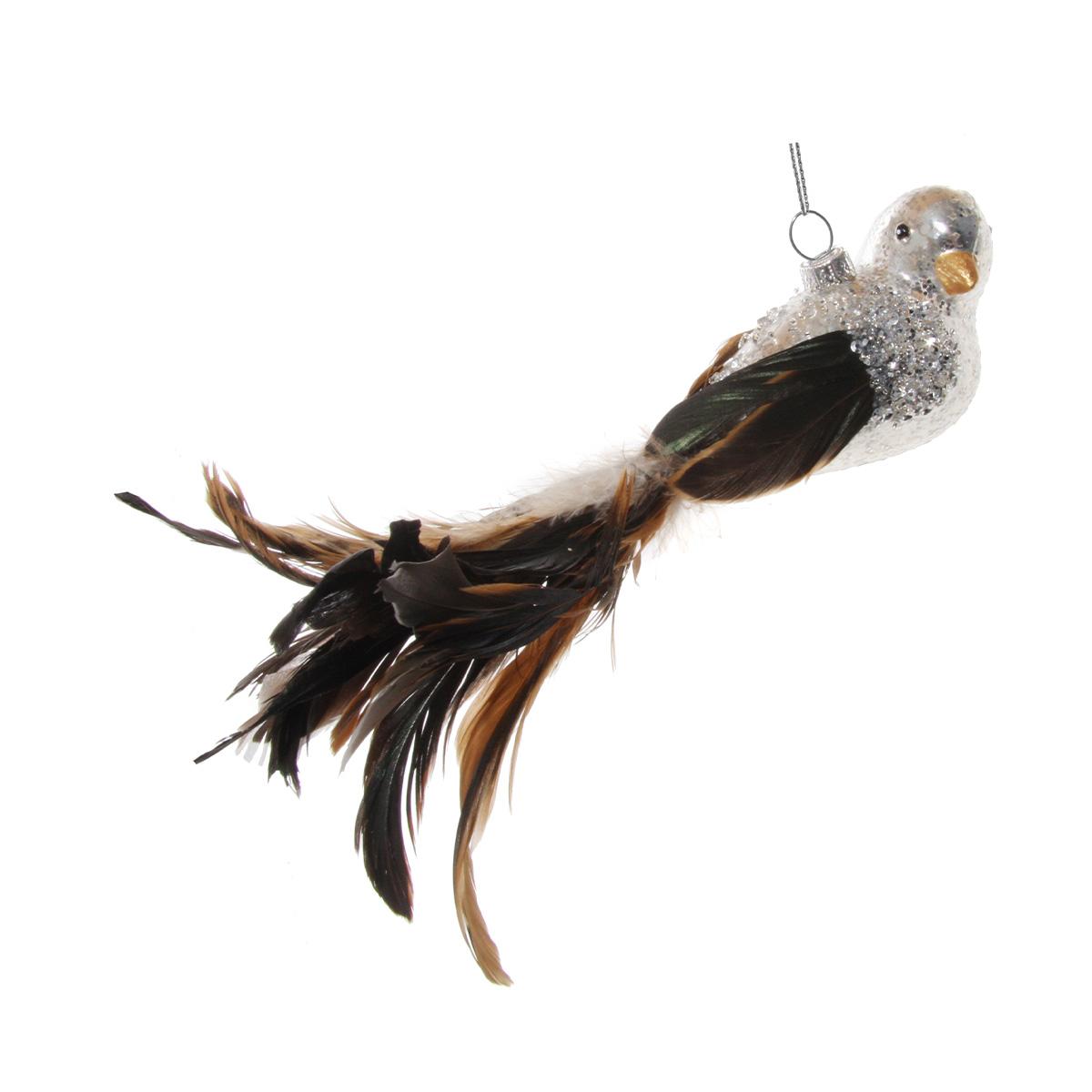 Glass Bird Feather Tail Silver 22Cm