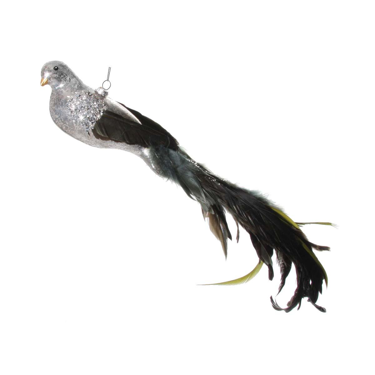 Glass Bird Feather Tail Silver 44Cm
