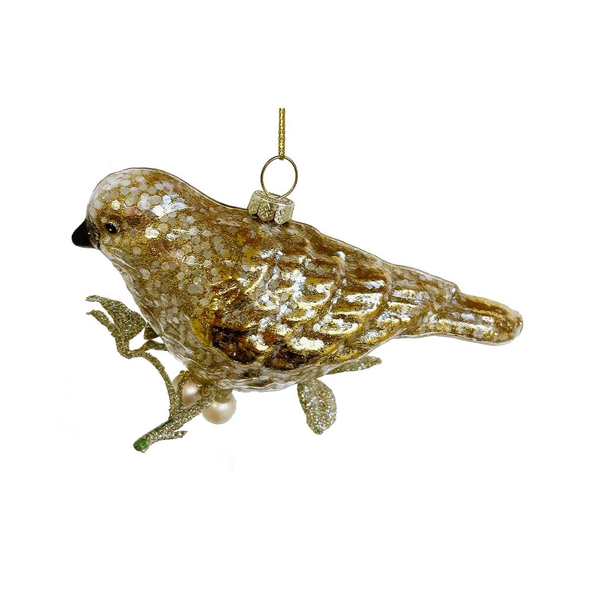 Glass Bird Gold On Glitter Branch 14Cm